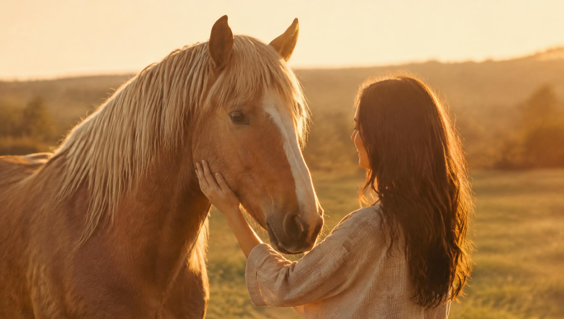 Woman with horse at sunset